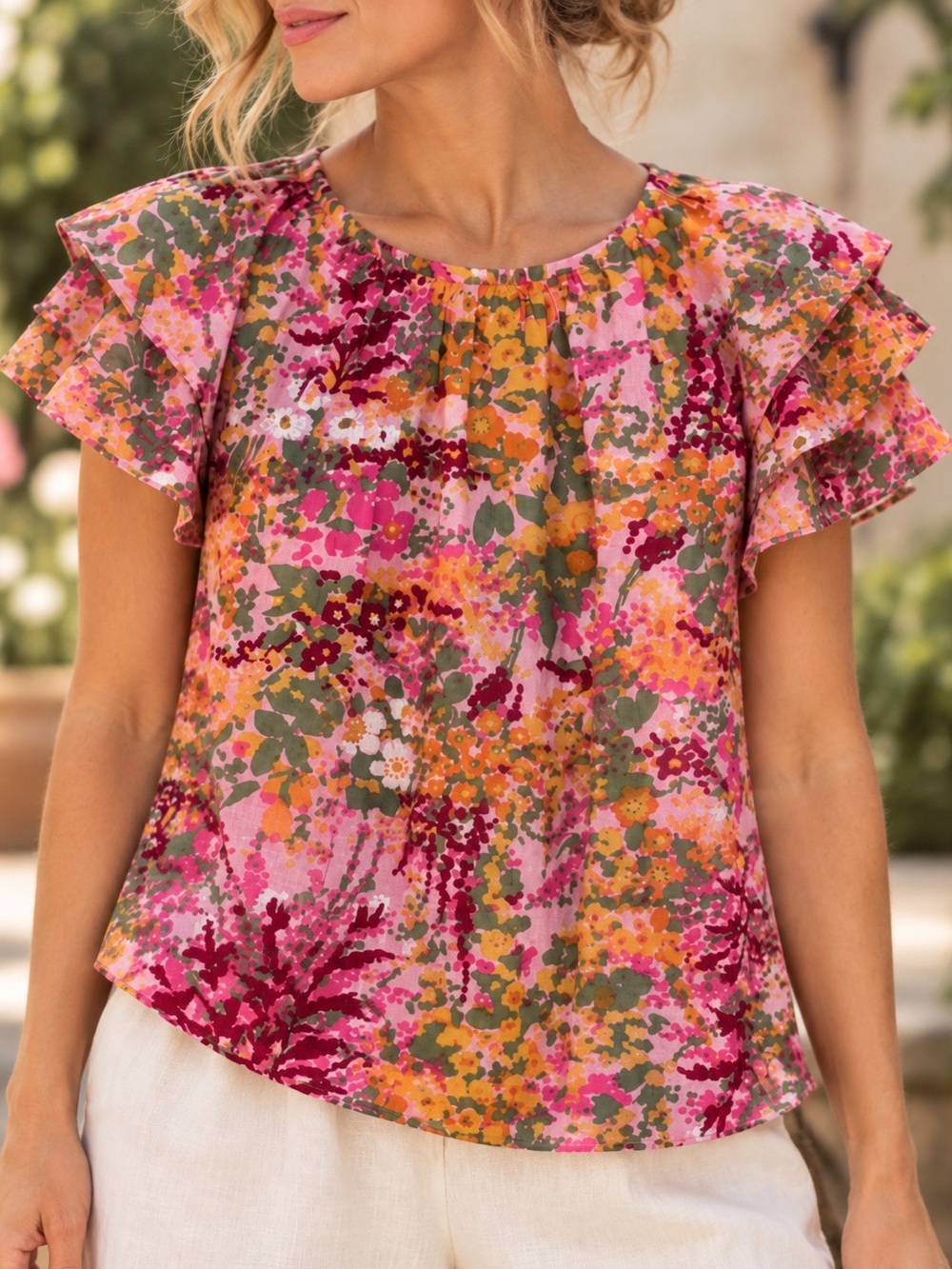 Banjanan S Andrea Top Cotton Tiered Ruffle Sleeve Watercolor Floral Print Purple